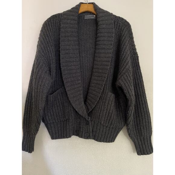 Anthropologie Wool Blend Sweater Cardigan Women S Gray Ribbed Chunky Deep V Neck - Picture 2 of 11